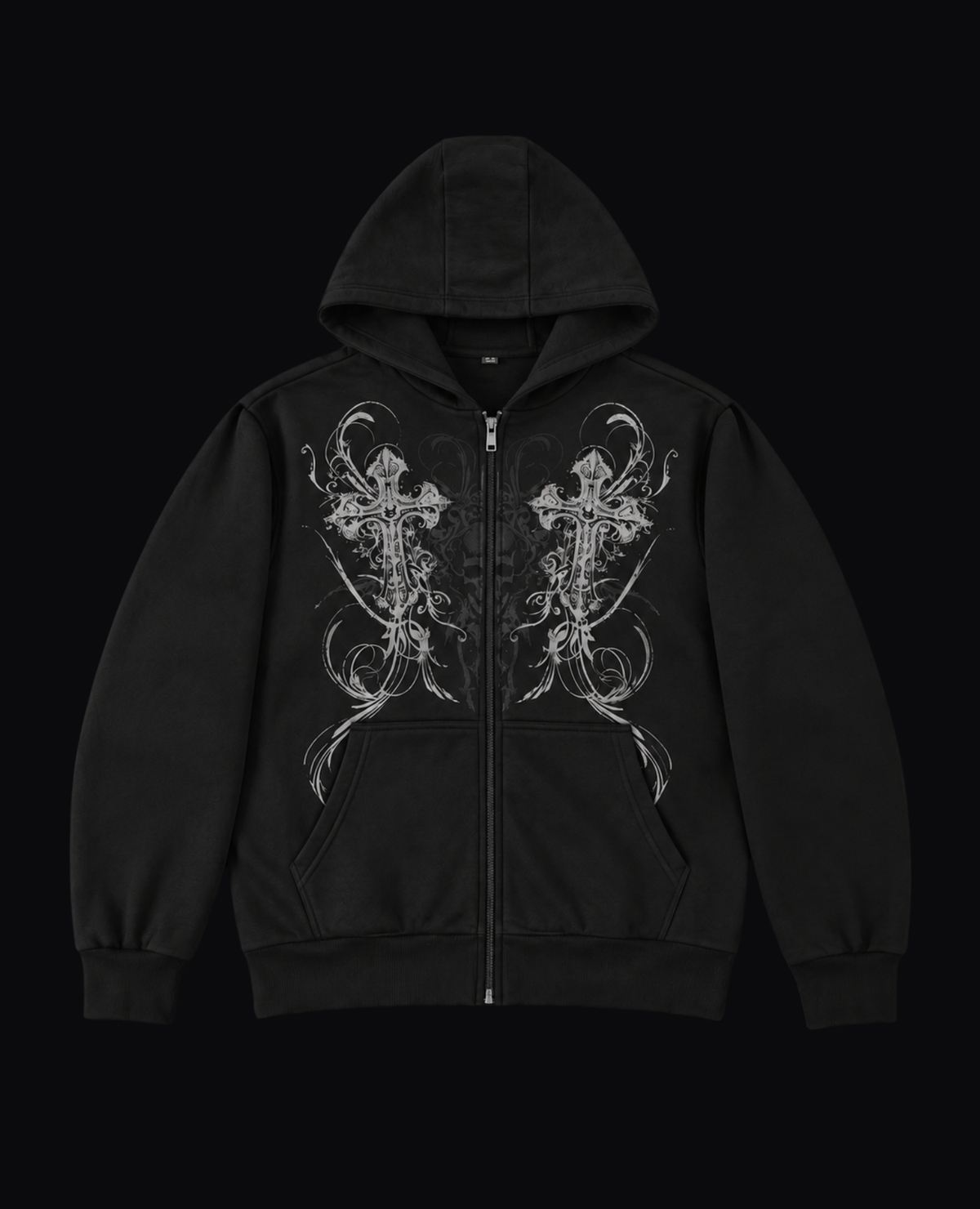 BLACK EMBROIDERED ZIP HOODIE