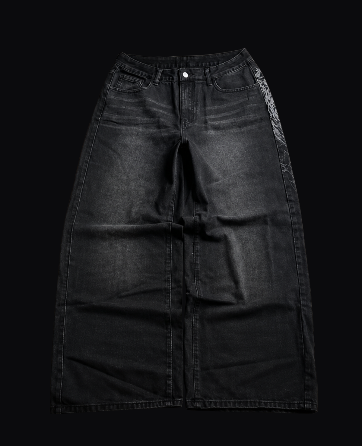 CROSS BACK PRINT BLACK BAGGY JEANS