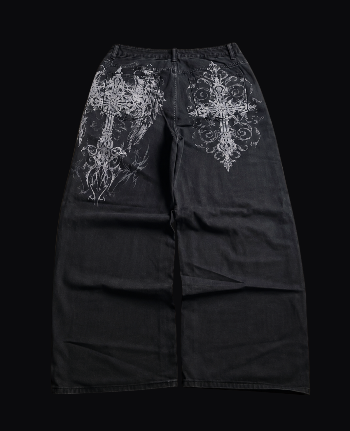CROSS BACK PRINT BLACK BAGGY JEANS