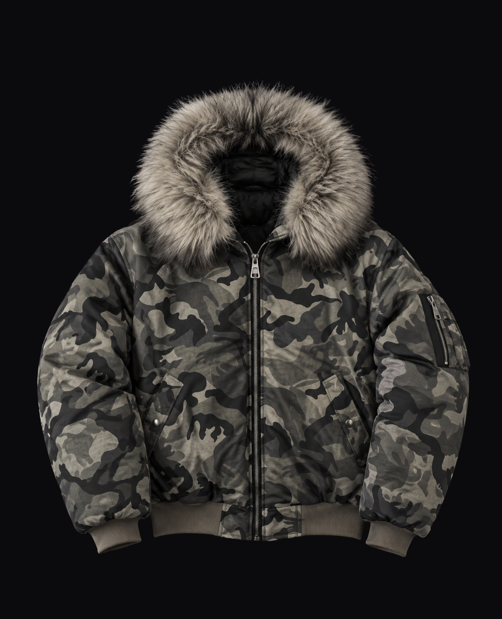 CAMO FUR TRIM BOMBER JACKET