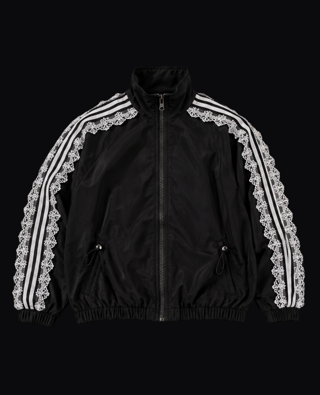 BLACK TRACK JACKET WITH WHITE LACE STRIPES