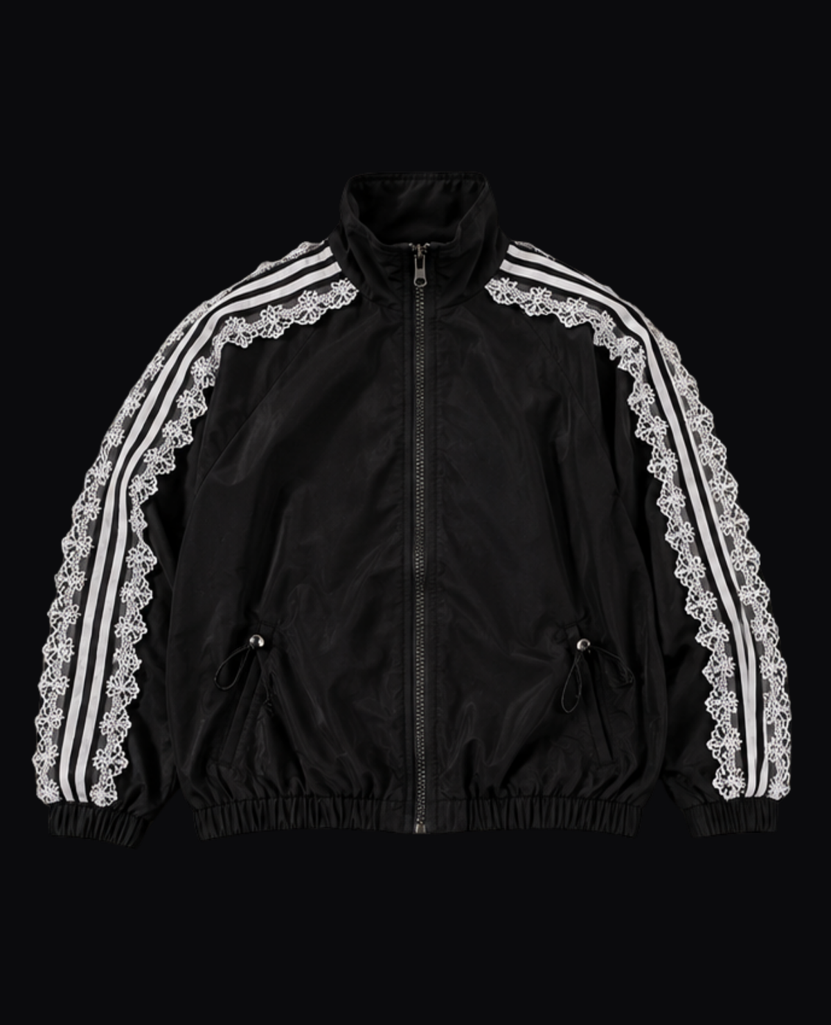 BLACK TRACK JACKET WITH WHITE LACE STRIPES